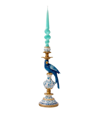 Antiqued Ornate Blue & White Parrot Candle Holder (Right)