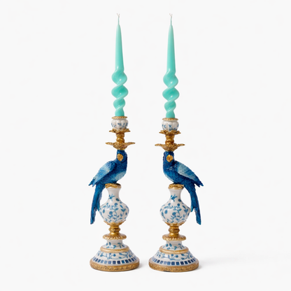 Pair of Antiqued Ornate Blue & White Parrot Candle Holders