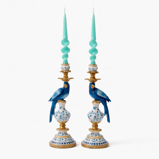 Pair of Antiqued Ornate Blue & White Parrot Candle Holders