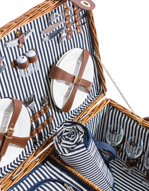 Luxury Pinstripe 4-Person Picnic Hamper with Leather Handles & Accessories
